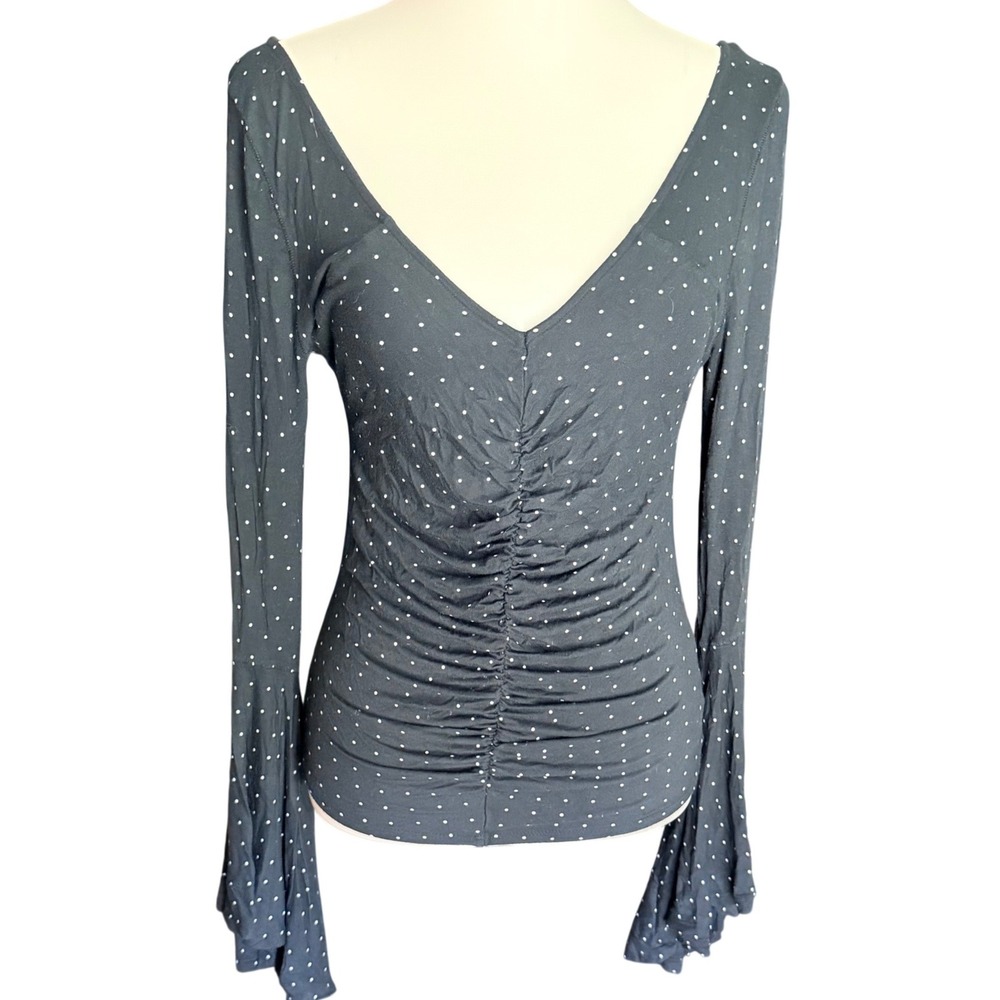 We The Free Free People Grey Polka Dot Ruched V-Neck Bell Sleeve Top Size M